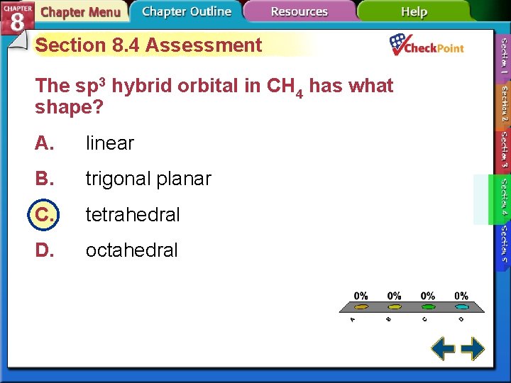 Section 8. 4 Assessment The sp 3 hybrid orbital in CH 4 has what