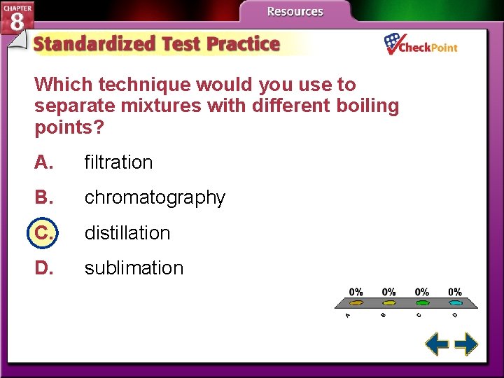 Which technique would you use to separate mixtures with different boiling points? A. filtration