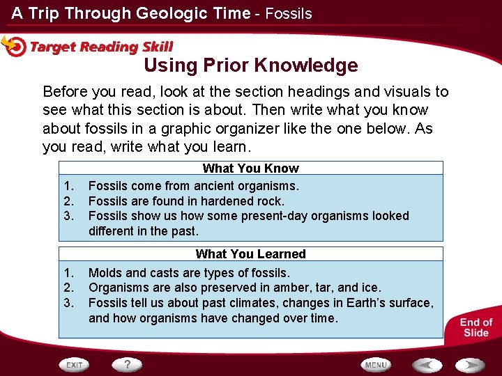 A Trip Through Geologic Time - Fossils Using Prior Knowledge Before you read, look