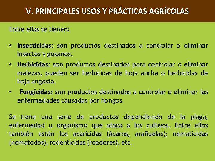 V. PRINCIPALES USOS Y PRÁCTICAS AGRÍCOLAS Entre ellas se tienen: • Insecticidas: son productos