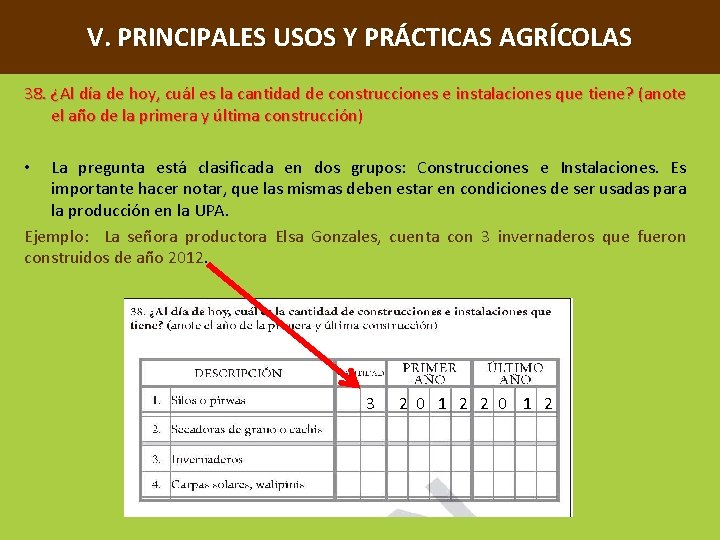 V. PRINCIPALES USOS Y PRÁCTICAS AGRÍCOLAS 38. ¿Al día de hoy, cuál es la