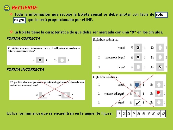 RECUERDE: v Toda la información que recoge la boleta censal se debe anotar con