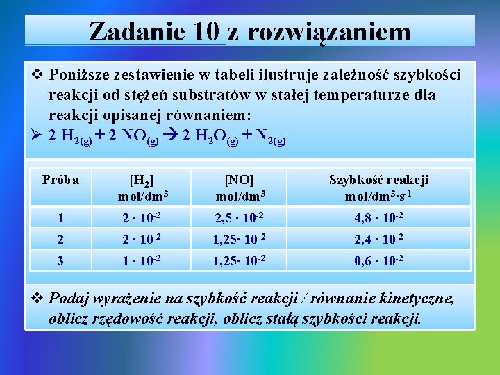 Zadanie 10 z rozwiązaniem v Poniższe zestawienie w tabeli ilustruje zależność szybkości reakcji od