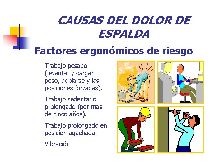 CAUSAS DEL DOLOR DE ESPALDA Factores ergonómicos de riesgo Trabajo pesado (levantar y cargar