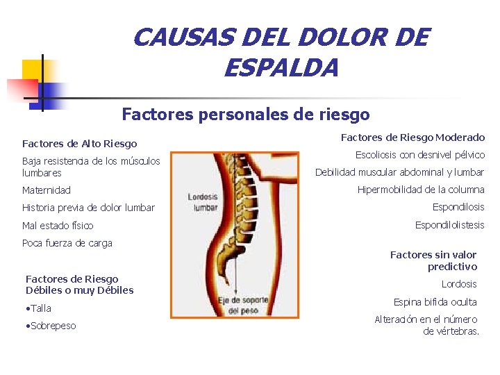 CAUSAS DEL DOLOR DE ESPALDA Factores personales de riesgo Factores de Alto Riesgo Baja