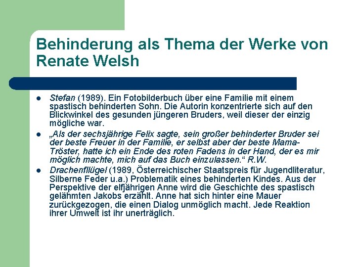 Behinderung als Thema der Werke von Renate Welsh l l l Stefan (1989). Ein