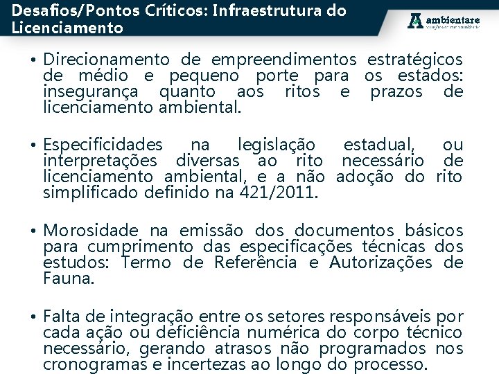 Desafios/Pontos Críticos: Infraestrutura do Licenciamento • Direcionamento de empreendimentos estratégicos de médio e pequeno