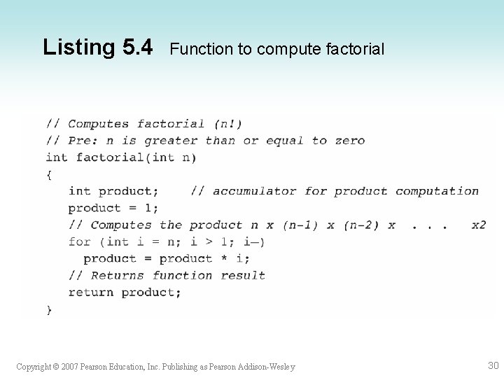 Listing 5. 4 Function to compute factorial Copyright © 2007 Pearson Education, Inc. Publishing