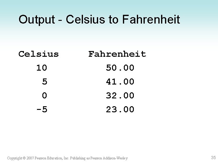 Output - Celsius to Fahrenheit Celsius 10 5 0 -5 Fahrenheit 50. 00 41.