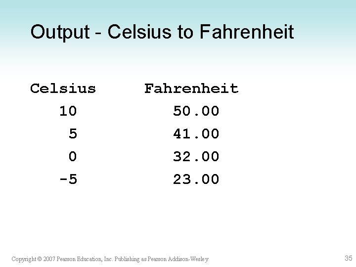 Output - Celsius to Fahrenheit Celsius 10 5 0 -5 Fahrenheit 50. 00 41. Output - Celsius to Fahrenheit Celsius 10 5 0 -5 Fahrenheit 50. 00 41.