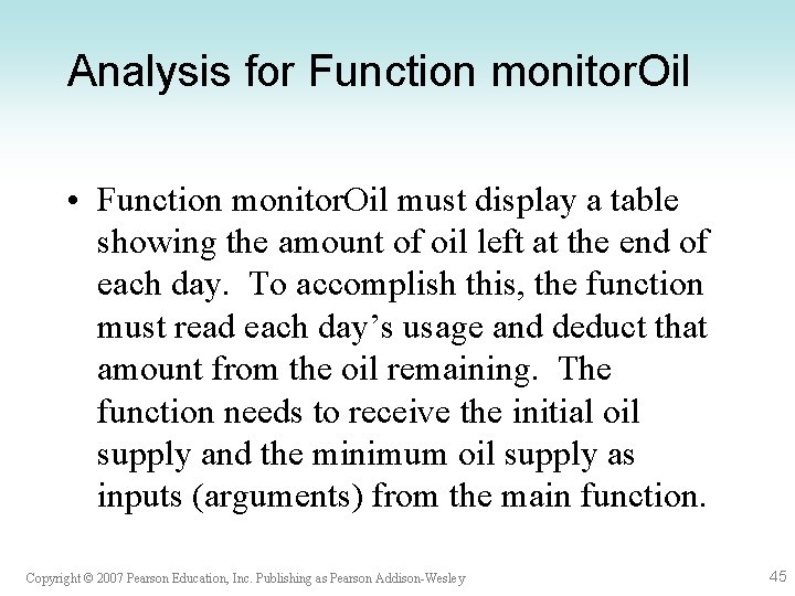 Analysis for Function monitor. Oil • Function monitor. Oil must display a table showing