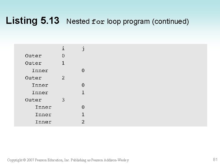 Listing 5. 13 Nested for loop program (continued) Copyright © 2007 Pearson Education, Inc.