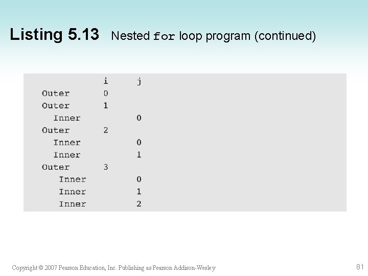 Listing 5. 13 Nested for loop program (continued) Copyright © 2007 Pearson Education, Inc. Listing 5. 13 Nested for loop program (continued) Copyright © 2007 Pearson Education, Inc.