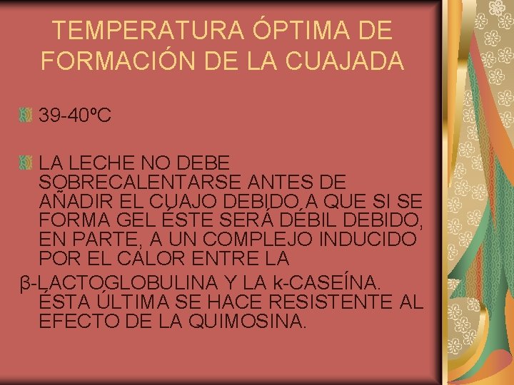 TEMPERATURA ÓPTIMA DE FORMACIÓN DE LA CUAJADA 39 -40ºC LA LECHE NO DEBE SOBRECALENTARSE