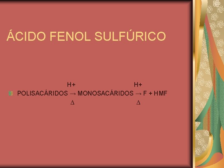 ÁCIDO FENOL SULFÚRICO H+ H+ POLISACÁRIDOS → MONOSACÁRIDOS → F + HMF ∆ ∆