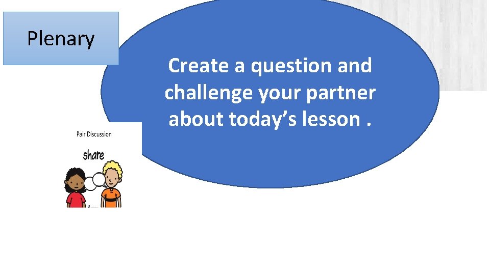 Plenary Create a question and challenge your partner about today’s lesson. 