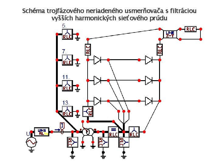 Schéma trojfázového neriadeného usmerňovača s filtráciou vyšších harmonických sieťového prúdu 