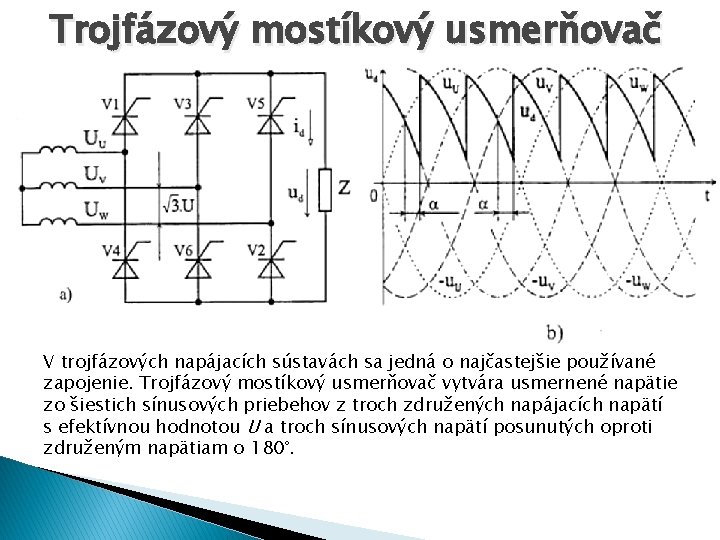 Trojfázový mostíkový usmerňovač V trojfázových napájacích sústavách sa jedná o najčastejšie používané zapojenie. Trojfázový