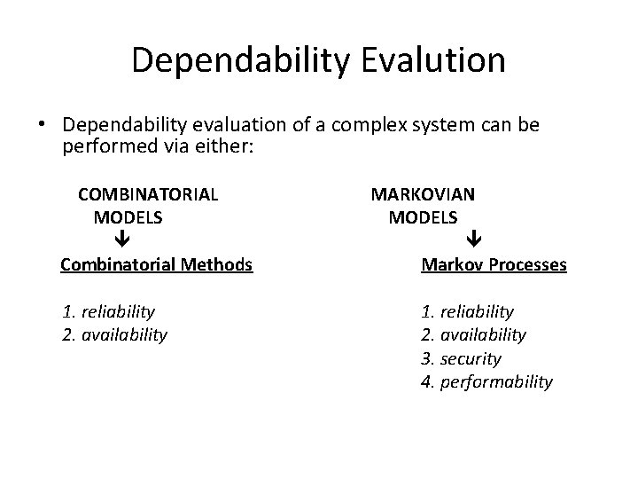 Dependability Evalution • Dependability evaluation of a complex system can be performed via either: