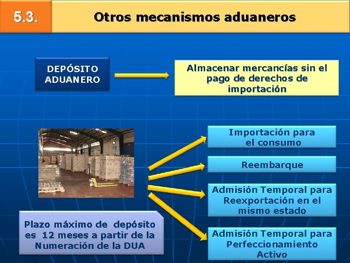 5. 3. Otros mecanismos aduaneros DEPÓSITO ADUANERO Almacenar mercancías sin el pago de derechos