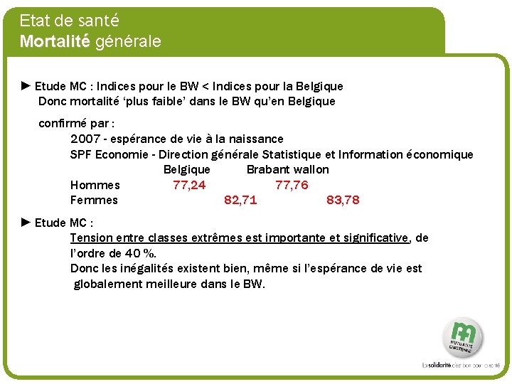 # Etat de santé Mortalité générale ► Etude MC : Indices pour le BW