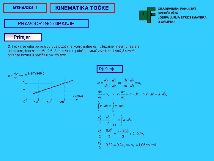 MEHANIKA II KINEMATIKA TOČKE PRAVOCRTNO GIBANJE Primjer: 2. Točka se giba po pravcu duž MEHANIKA II KINEMATIKA TOČKE PRAVOCRTNO GIBANJE Primjer: 2. Točka se giba po pravcu duž
