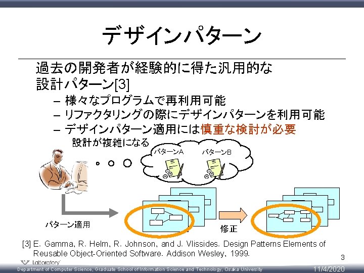 デザインパターン 過去の開発者が経験的に得た汎用的な 設計パターン[3] – 様々なプログラムで再利用可能 – リファクタリングの際にデザインパターンを利用可能 – デザインパターン適用には慎重な検討が必要 設計が複雑になる パターンA パターン適用 パターンB 修正