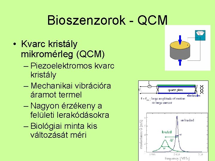 Bioszenzorok - QCM • Kvarc kristály mikromérleg (QCM) – Piezoelektromos kvarc kristály – Mechanikai