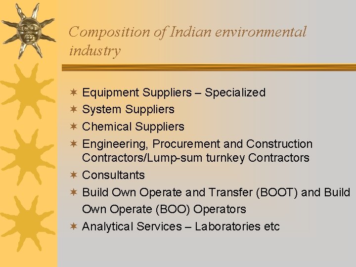 Composition of Indian environmental industry ¬ Equipment Suppliers – Specialized ¬ System Suppliers ¬