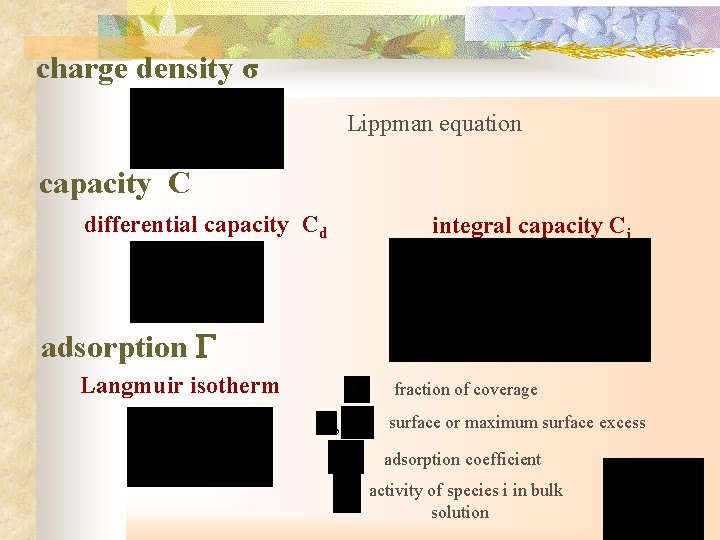 charge density σ Lippman equation capacity C differential capacity Cd integral capacity Ci adsorption