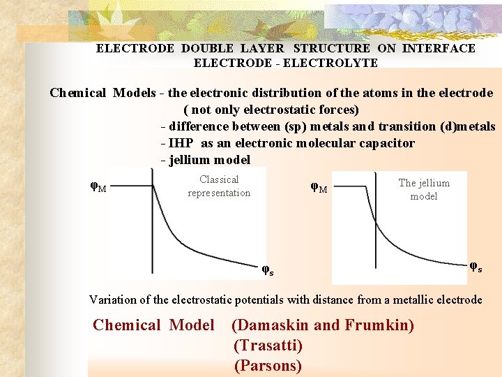 ELECTRODE DOUBLE LAYER STRUCTURE ON INTERFACE ELECTRODE - ELECTROLYTE Chemical Models - the electronic