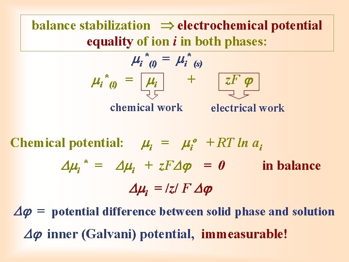 balance stabilization electrochemical potential equality of ion i in both phases: i *(l) =