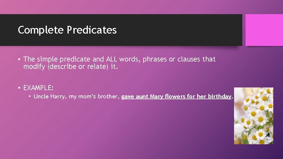 Complete Predicates • The simple predicate and ALL words, phrases or clauses that modify