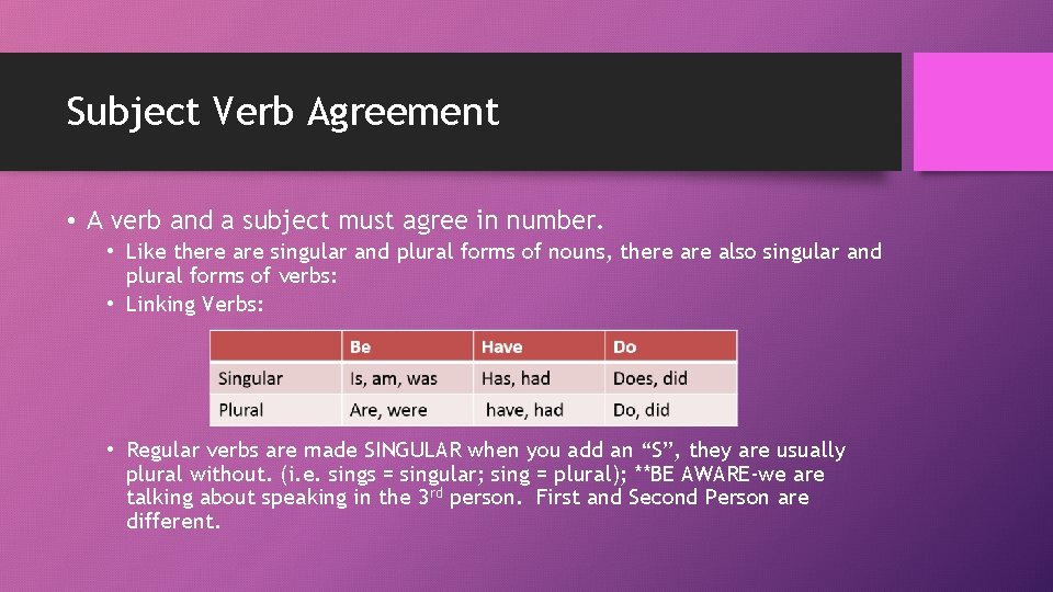 Subject Verb Agreement • A verb and a subject must agree in number. •