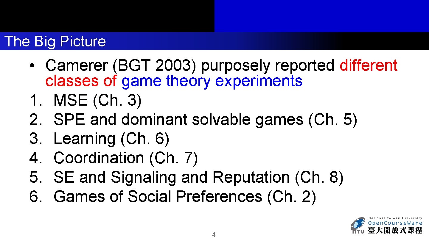 The Big Picture • Camerer (BGT 2003) purposely reported different classes of game theory
