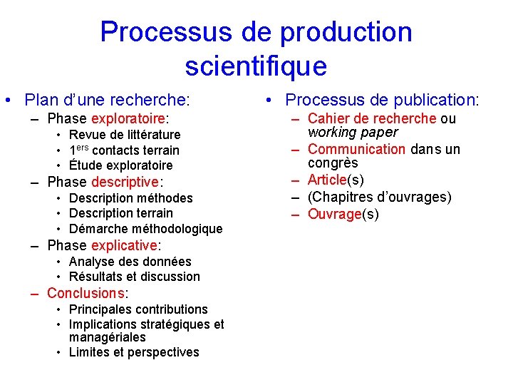 Processus de production scientifique • Plan d’une recherche: – Phase exploratoire: • Revue de