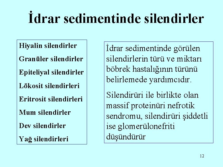 İdrar sedimentinde silendirler Hiyalin silendirler Granüler silendirler Epiteliyal silendirler Lökosit silendirleri Eritrosit silendirleri Mum