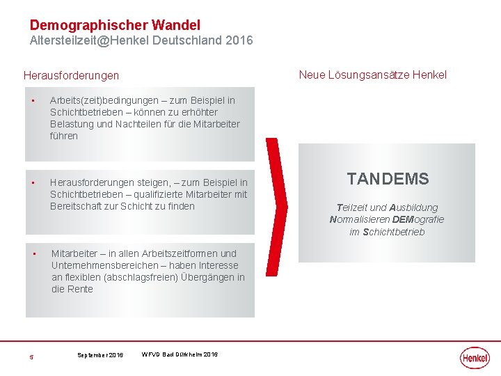 Demographischer Wandel Altersteilzeit@Henkel Deutschland 2016 Neue Lösungsansätze Henkel Herausforderungen • Arbeits(zeit)bedingungen – zum Beispiel