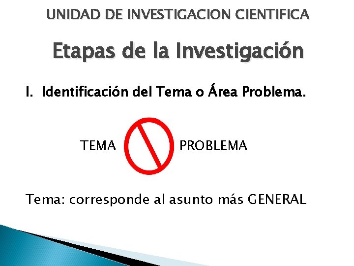 UNIDAD DE INVESTIGACION CIENTIFICA Etapas de la Investigación I. Identificación del Tema o Área