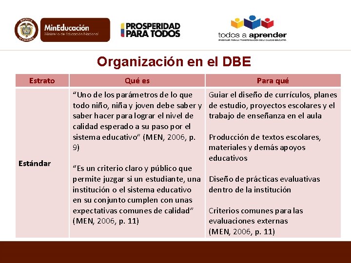 Organización en el DBE Estrato Estándar Qué es Para qué “Uno de los parámetros