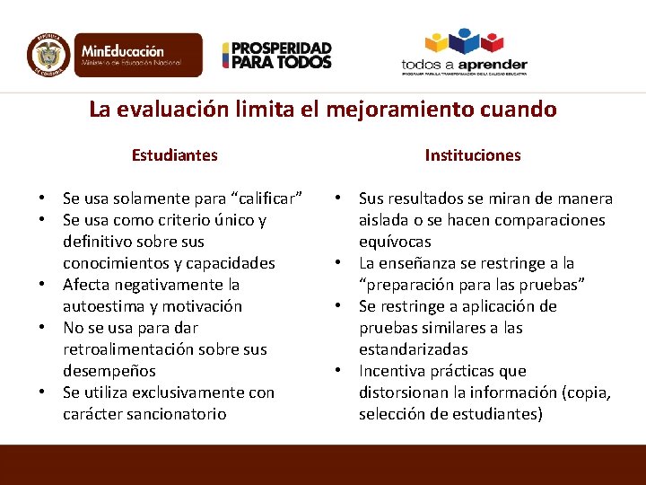 La evaluación limita el mejoramiento cuando Estudiantes Instituciones • Se usa solamente para “calificar”