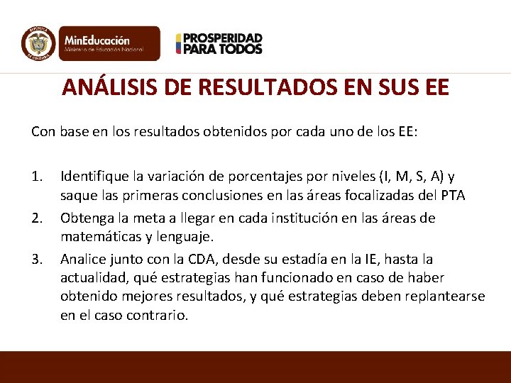 ANÁLISIS DE RESULTADOS EN SUS EE Con base en los resultados obtenidos por cada