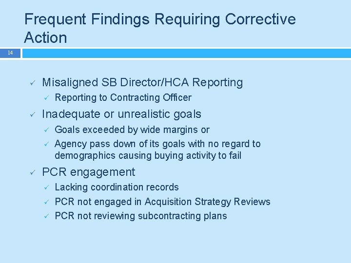 Frequent Findings Requiring Corrective Action 14 ü Misaligned SB Director/HCA Reporting ü ü Inadequate