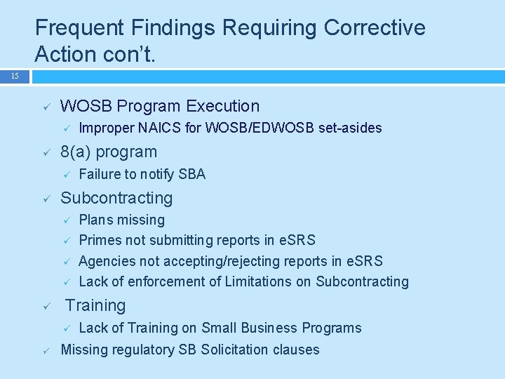 Frequent Findings Requiring Corrective Action con’t. 15 ü WOSB Program Execution ü ü 8(a)