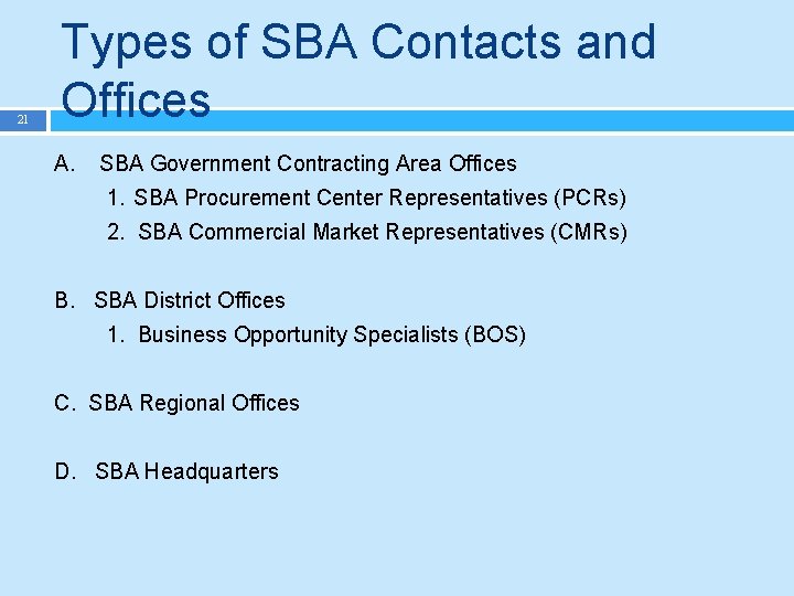 21 Types of SBA Contacts and Offices A. SBA Government Contracting Area Offices 1.