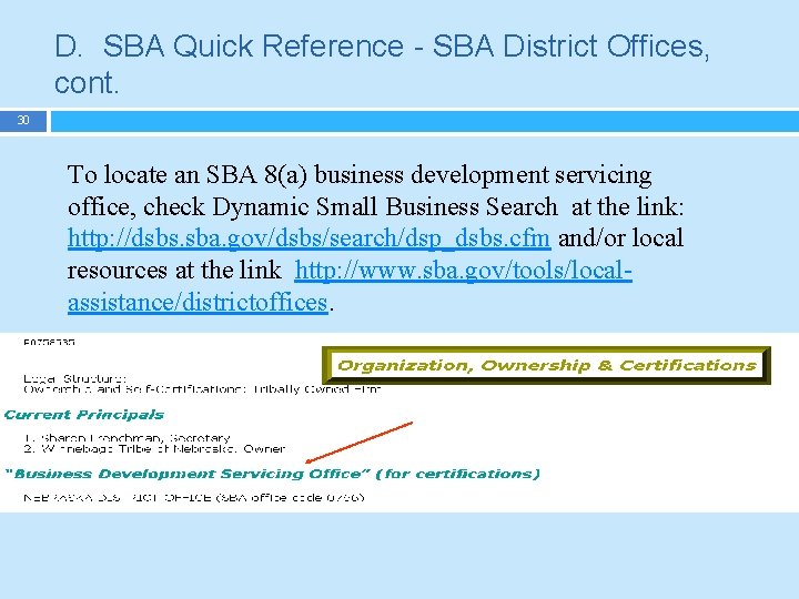 D. SBA Quick Reference - SBA District Offices, cont. 30 To locate an SBA