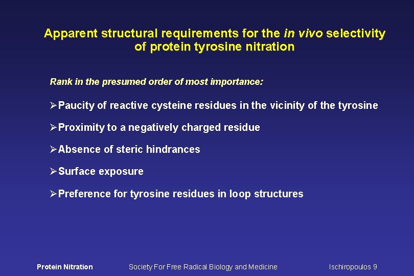 Apparent structural requirements for the in vivo selectivity of protein tyrosine nitration Rank in