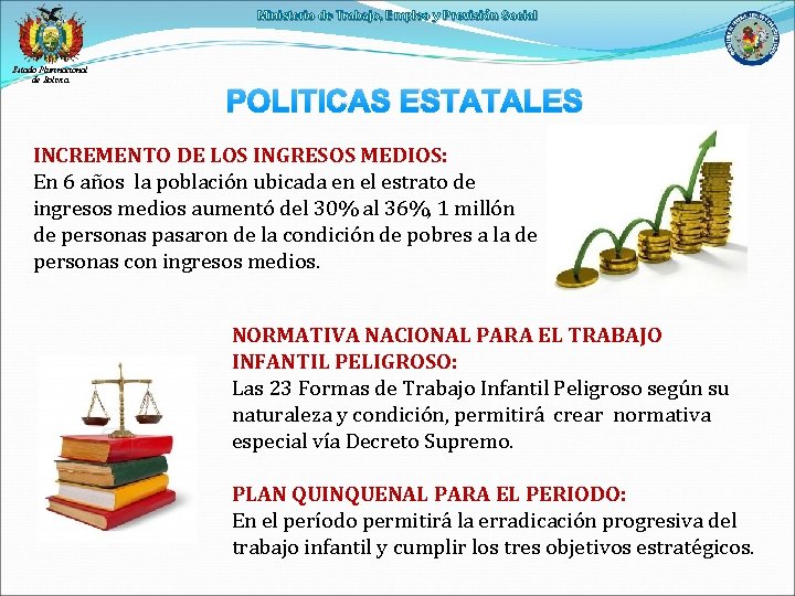 Ministerio de Trabajo, Empleo y Previsión Social Estado Plurinacional de Bolivia POLITICAS ESTATALES INCREMENTO