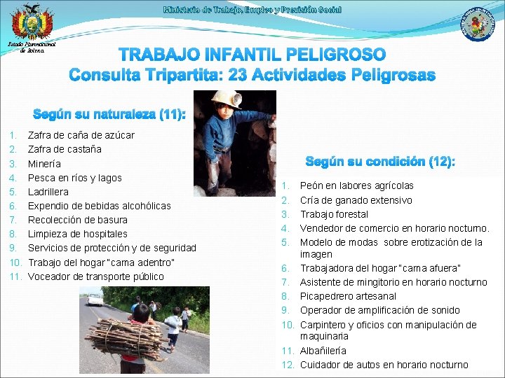 Ministerio de Trabajo, Empleo y Previsión Social Estado Plurinacional de Bolivia TRABAJO INFANTIL PELIGROSO