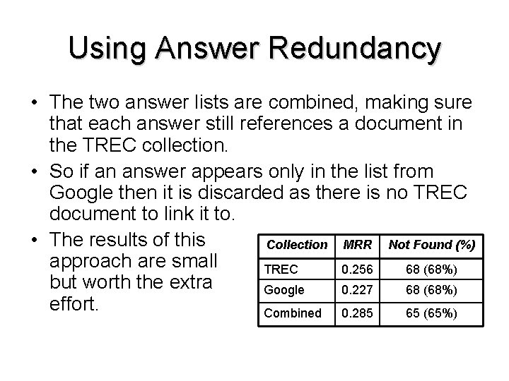 Using Answer Redundancy • The two answer lists are combined, making sure that each